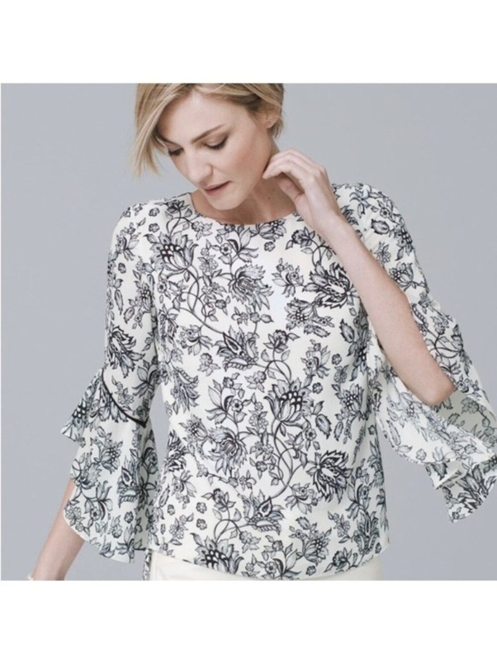 White House Black Market Floral Chiffon Bell Sleeve Hi-Lo Blouse Sz 8 Top Shirt